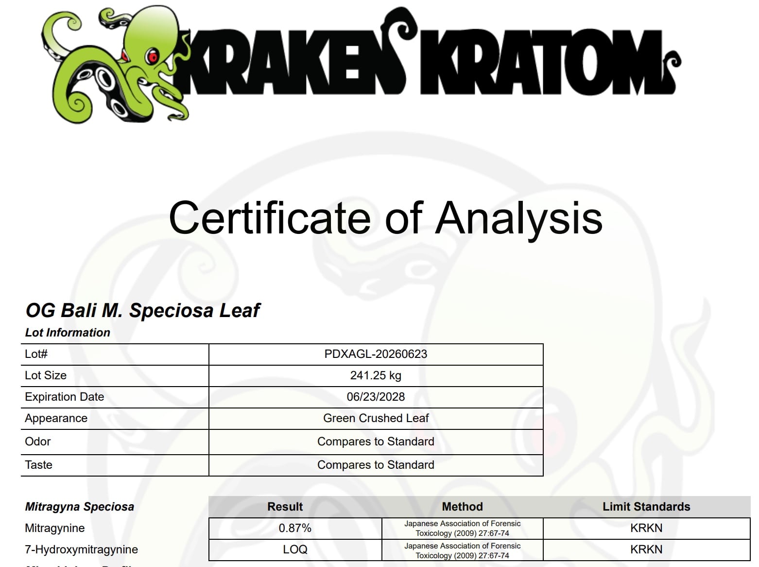 Kraken Kratom certificate of analysis for OG Bali leaf, lot PDXAGL-20260623, showing mitragynine 0.87% and 7-hydroxymitragynine below the limit of quantitation
